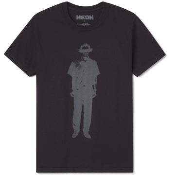 Black t-shirt with a graphic of a person wearing a hat and sunglasses, branded 'NEON' image of Mr. Kim from the Oscar winning movie PARASITE